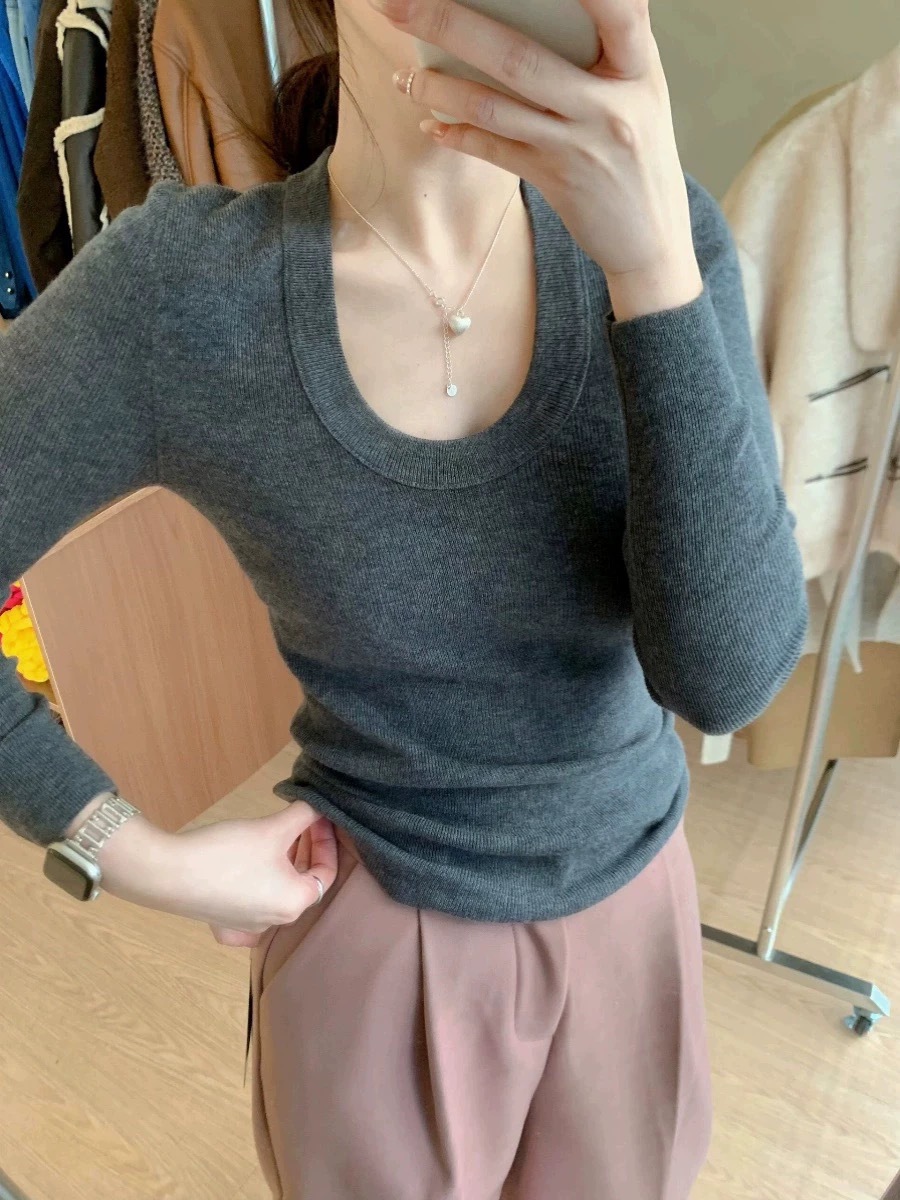 早秋新款100羊毛U领韩系纯色时尚简约针织弹力打底衫百搭女毛衣潮详情21