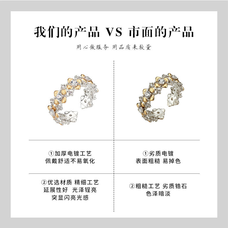 A niche and high-end two-color gold flower open ring, made of copper alloy, real gold electroplated, brushed and zirconium-inlaid adjustable ring pic 12