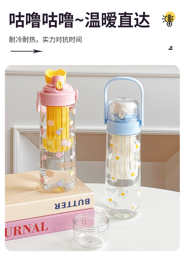 2025 New hand-held bouncing flower tea cup, student couple plastic water cup, portable tea and water separation cup for women going out pic 4