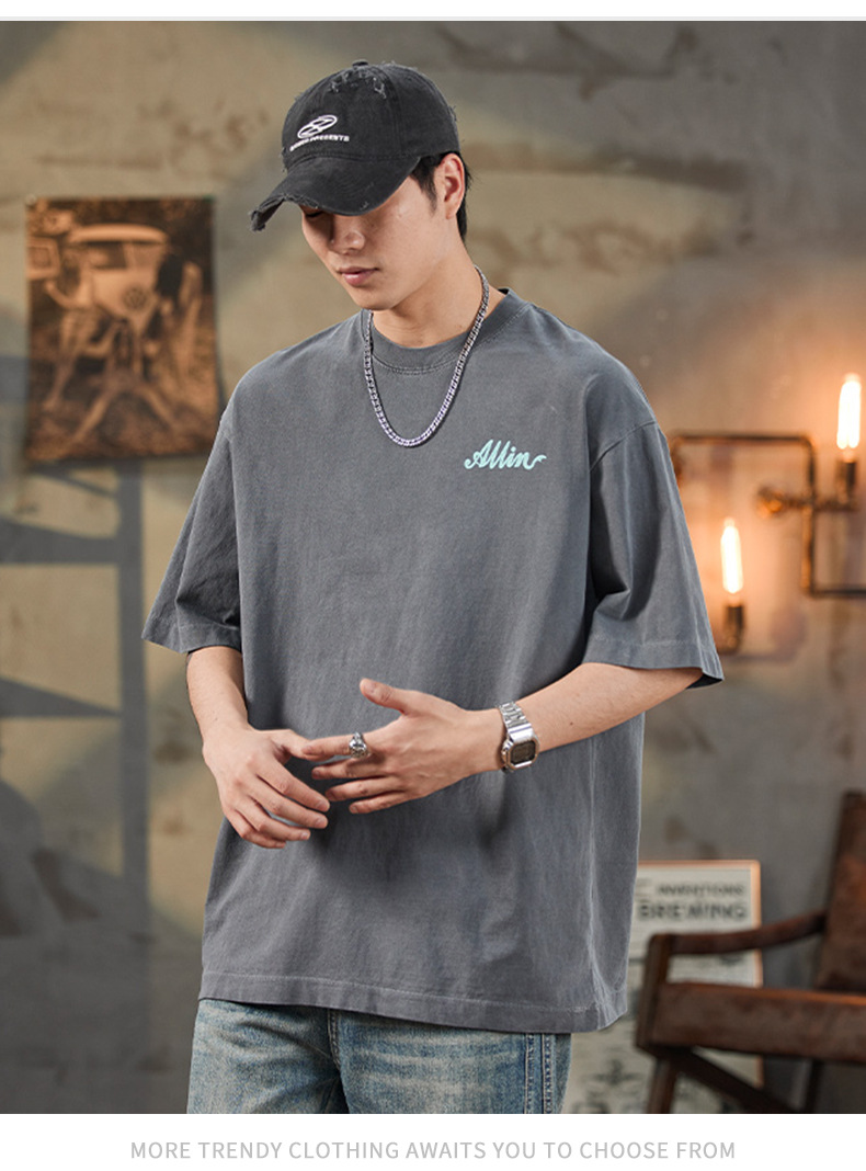 ALLIN pure cotton heavy-duty short-sleeved T-shirt for men, a summer trendy brand with three-dimensional printed letters and loose round-neck couple tops pic 12