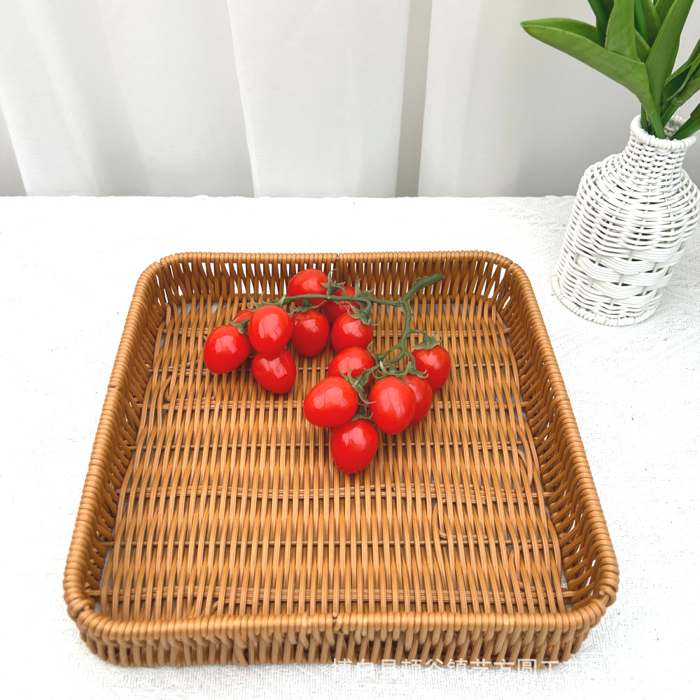 手工编织仿藤塑料圆形水果篮子零食面包收纳筐家用储物杂物工艺品礼品民间竹编详情2