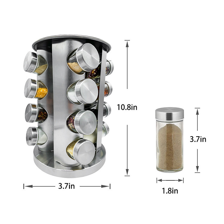 跨境360旋转香料架食品级玻璃调料瓶圆形调料罐不锈钢套装调料架详情4