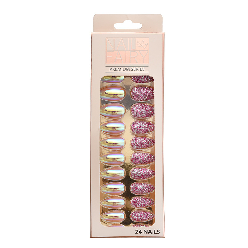 Fake nails, detachable nail art pieces, 24-piece set, finished scallion powder electroplated patches, wearable nails wholesale, ultra-thin Aurora nails pic 2