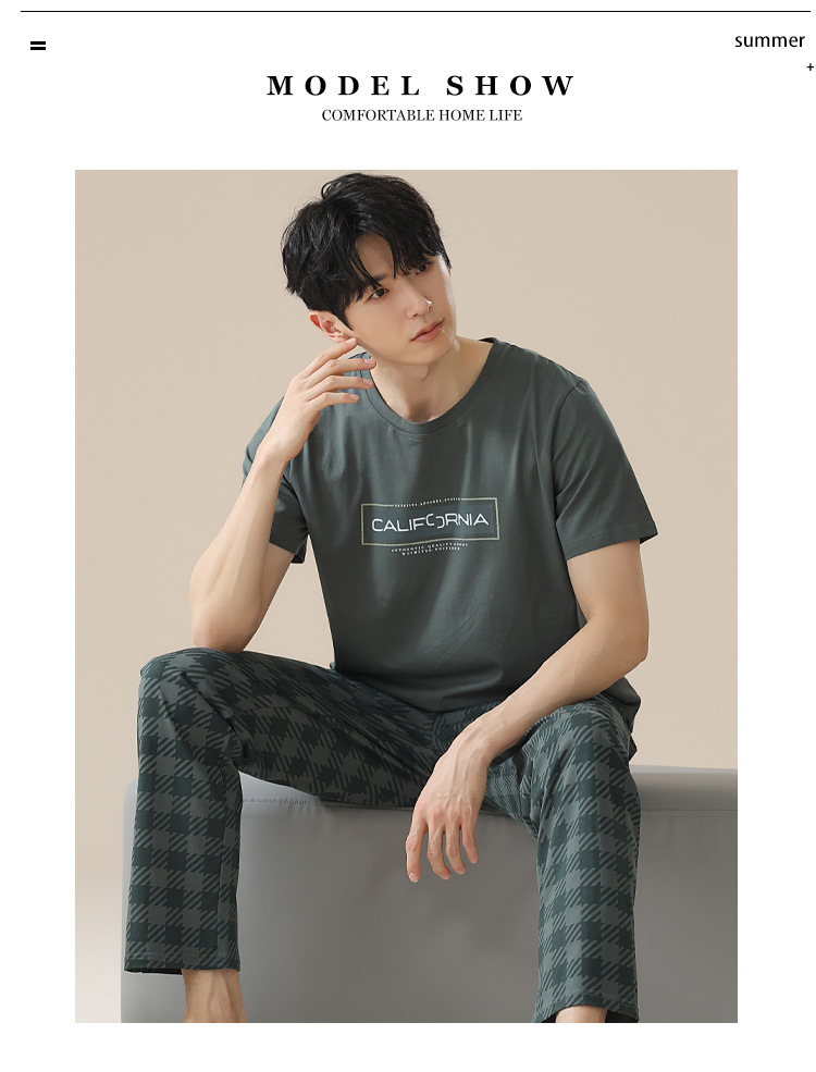 Summer pure cotton pajamas for men, cartoon casual short-sleeved shirts and long pants, pure cotton comfortable home wear, summer youth student set pic 61