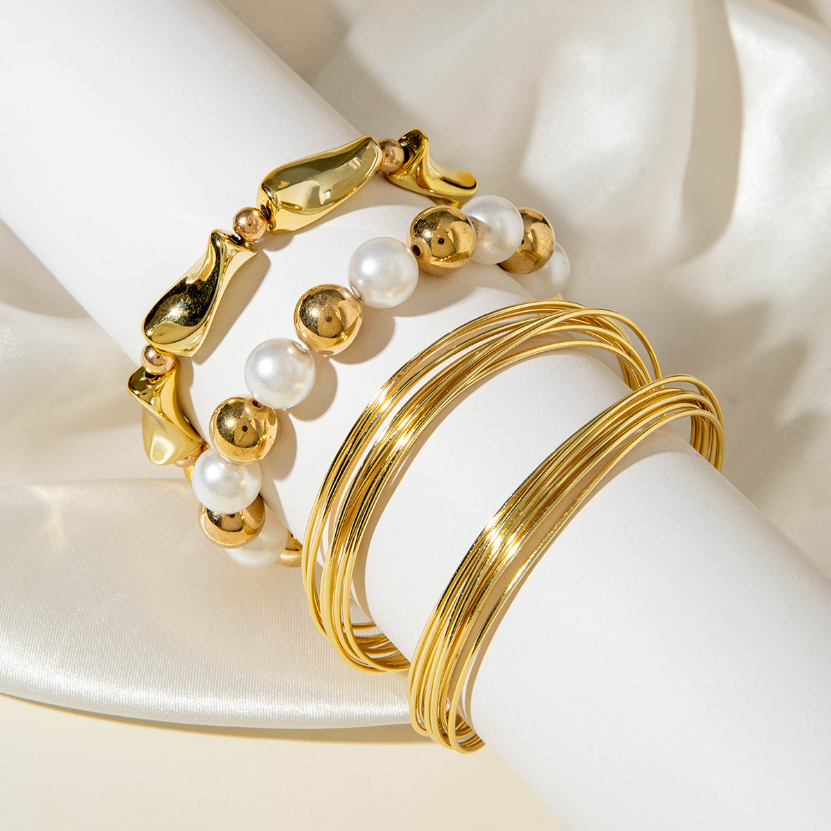 欧美跨境新款多层线条缠绕几何开口手镯套装朋克风波浪形串珠手链详情40