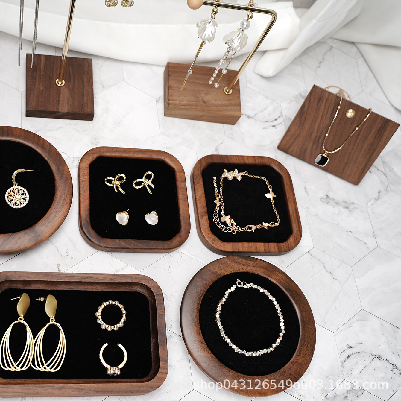 实木首饰托盘木质珠宝收纳盘展示托架饰品摆盘珠宝道具定制组合套详情3