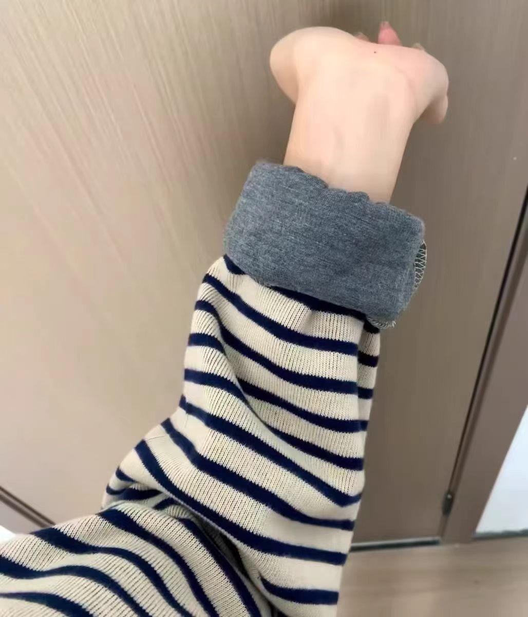 复古港味条纹圆领针织女秋冬新款宽松学院风休闲百搭长袖上衣外套详情1