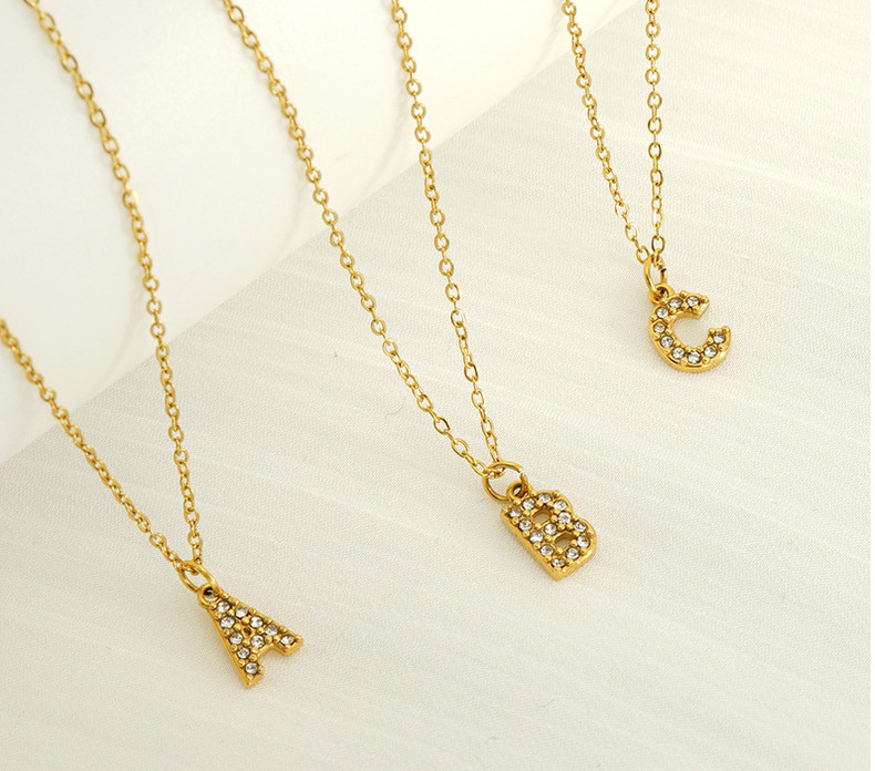 Cross-border European and American stainless steel fashion 26 English diamond-encrusted small letter necklace, simple and versatile collarbone chain in stock for women pic 18