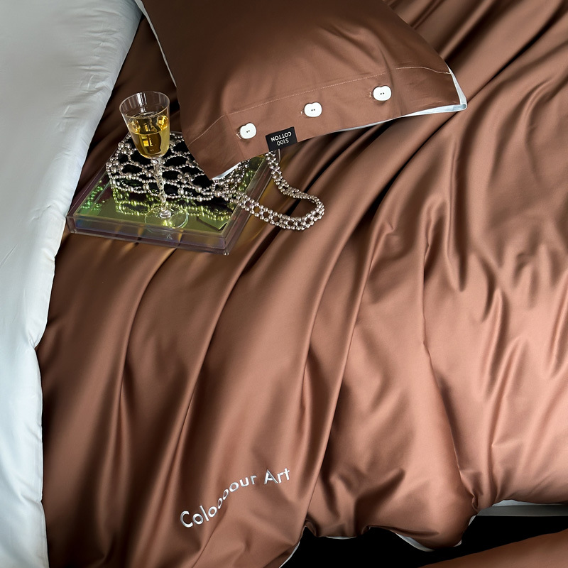 Simple, light luxury and fashionable solid-color long-staple cotton four-piece set, pure cotton letter-embroidered duvet cover, double bedding pic 83