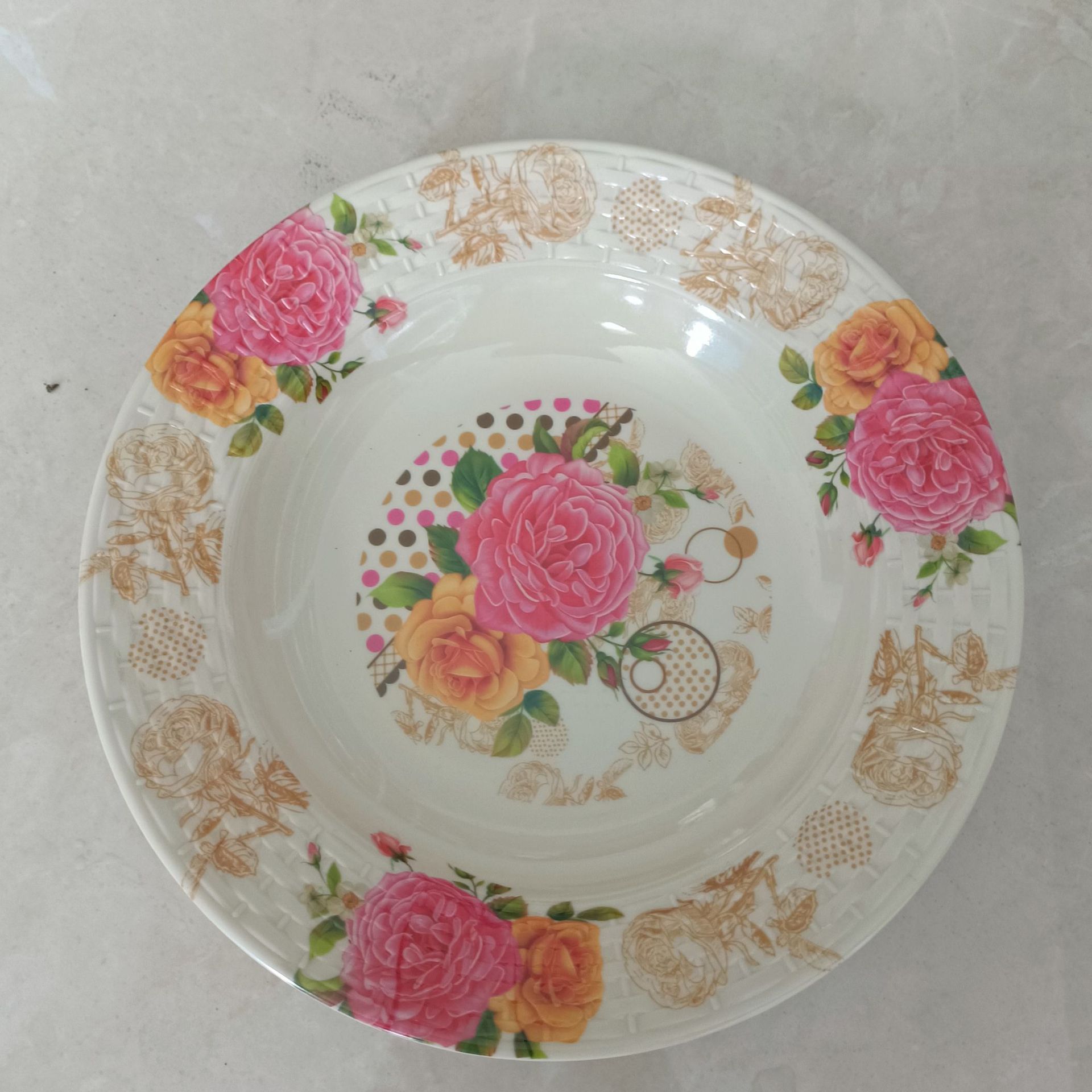 新款9寸10寸竹编盘印花美耐皿塑料圆盘外贸出口密胺餐具详情4