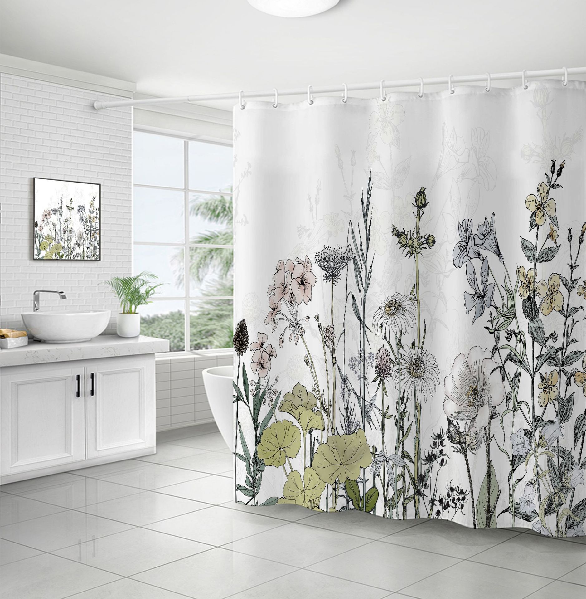 Cross-border direct sales of flower and plant bath curtains, fresh and simple floral waterproof and moisture-proof polyester isolation curtains pic 7