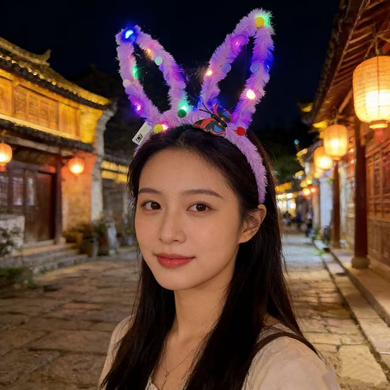 爆款网红毛绒发光发箍夜市摆摊带灯兔耳蝴蝶彩球闪光头箍儿童玩具详情8