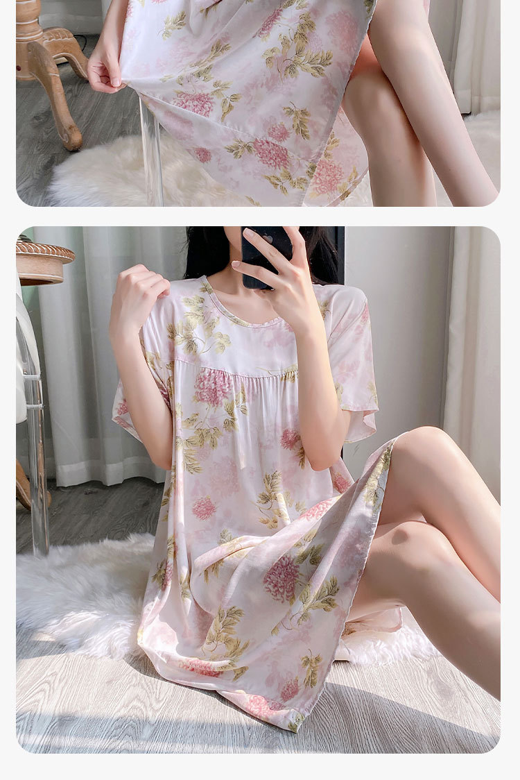 Summer cotton silk belt cushioned nightgown for middle-aged women, short sleeves for mothers, 45-piece artificial cotton home wear, pajama skirt pic 20