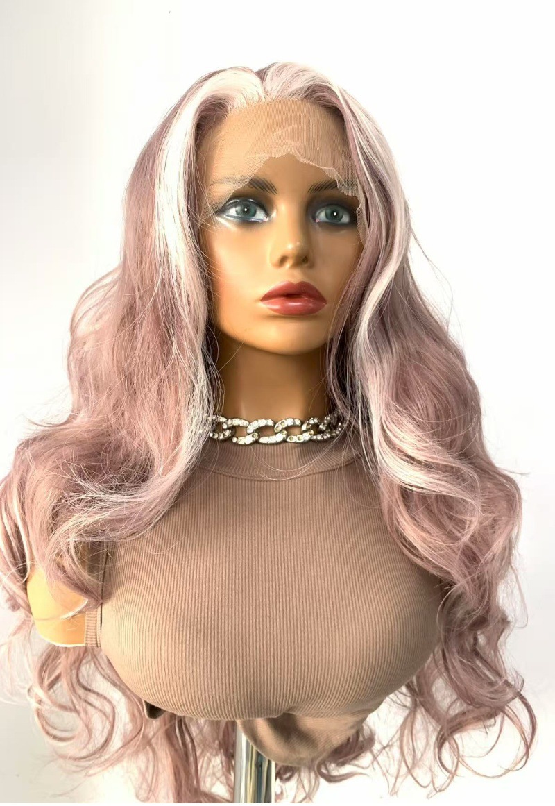 This is a popular full-length wig in Europe and America. It features a pink, fluffy, big wavy simulation, long curly hair, and is made of synthetic fiber, with a lace forehead and medium-length hair pic 2