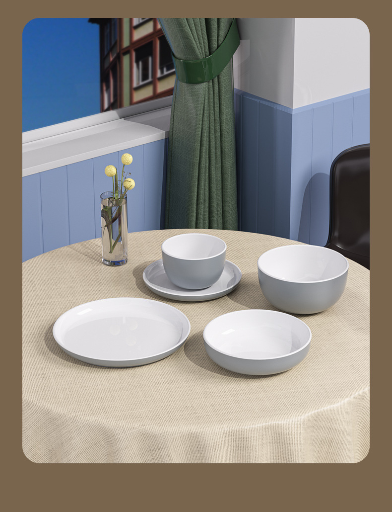 Customized two-color melamine tableware set, dinner plates, saucers, small plates, rice bowls, noodle bowls, soup bowls, fast food pic 9