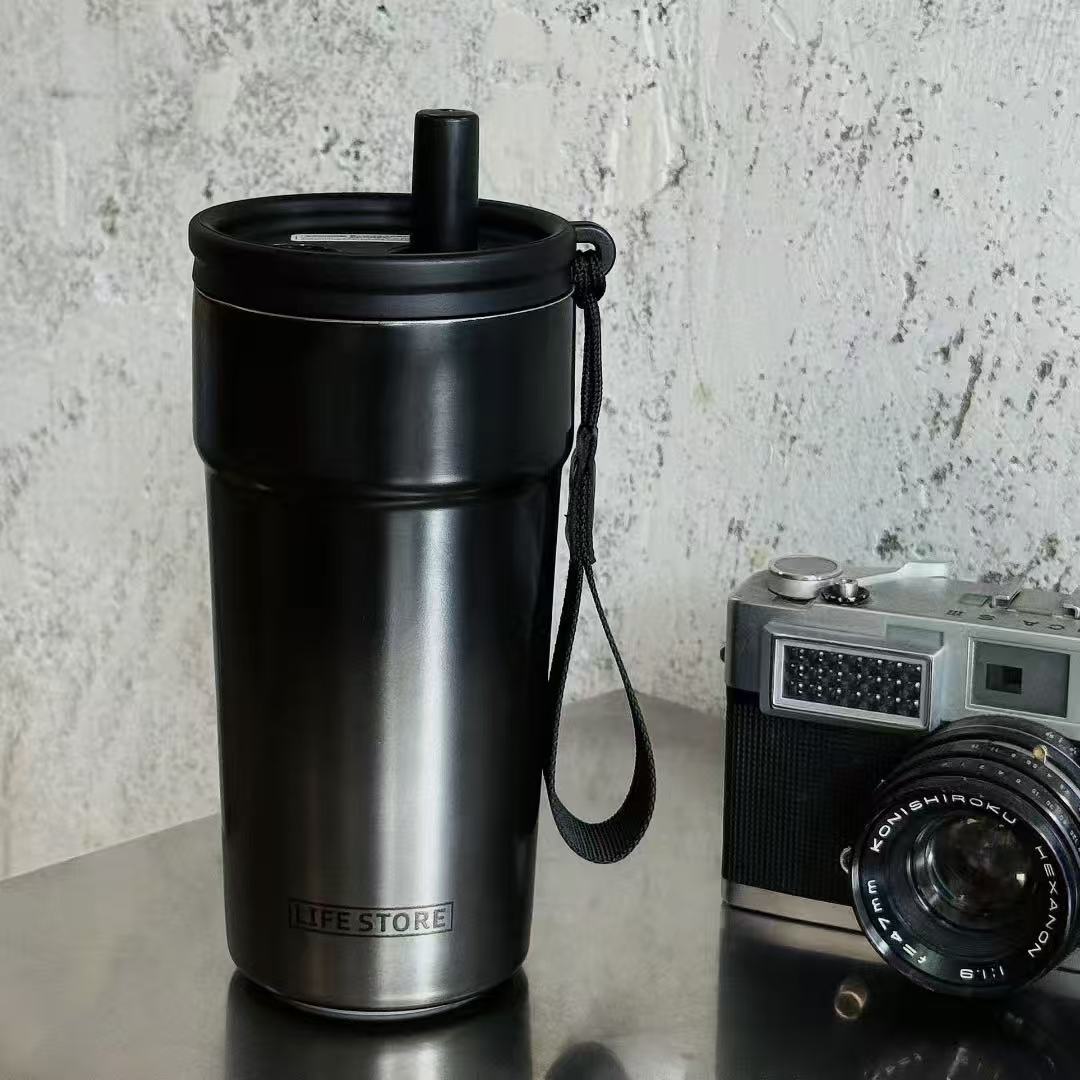 Wholesale of new stainless steel portable coffee cups with high appearance standards, cartoon student outdoor double-drinking straw insulated cups and water cups pic 7