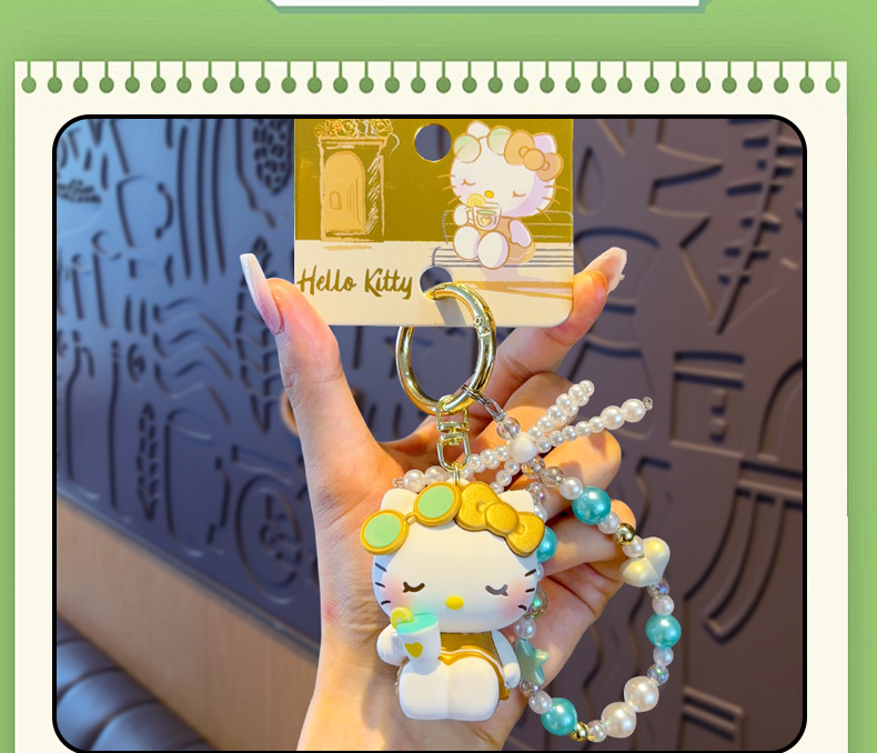 Authentic Sanrio Leisure Vacation Hello Kitty figurine keychain, cartoon creative beaded chain, couple bag pendant pic 12