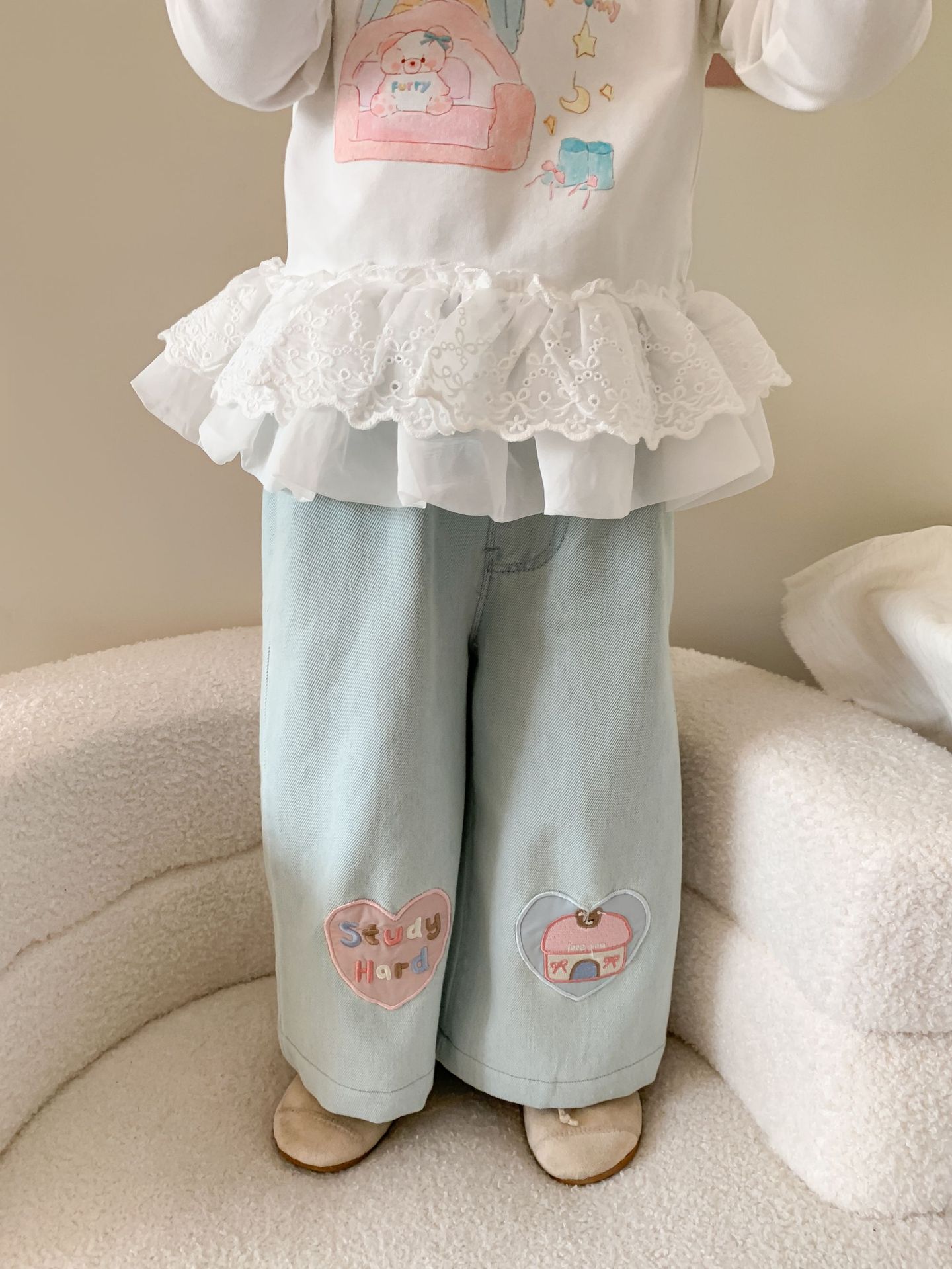 Caña pear niño niña traje primavera 2026 nuevo estilo niños korean manga larga camiseta jeans mujer bebé ropa pic 19