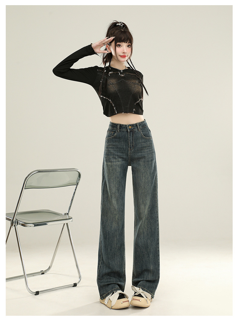 怀旧蓝直筒裤牛仔裤女秋季2025新款高腰显瘦垂感宽松窄版阔腿裤子详情28