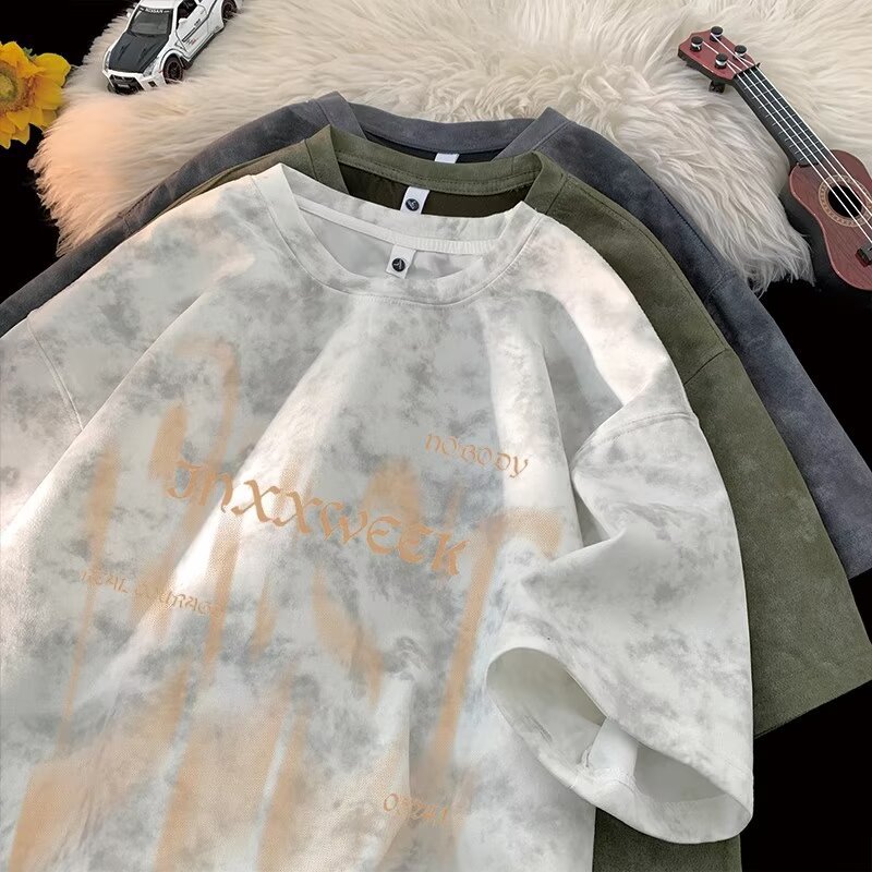 Summer trendy brand American heavy-duty pure cotton short-sleeved T-shirt for men, loose large-sized half-sleeved washed distressed T-shirt base layer pic 5
