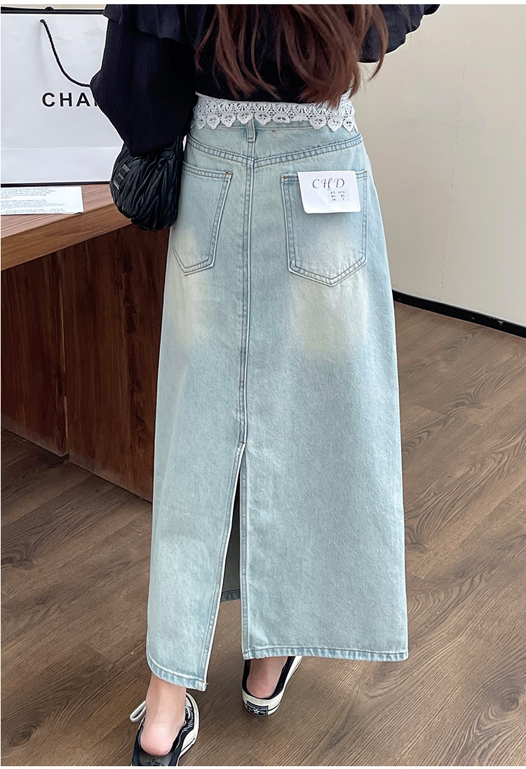 Original long denim skirt for Spring/Summer 2024, new design sense, lace patchwork high-waisted A-line skirt pic 9