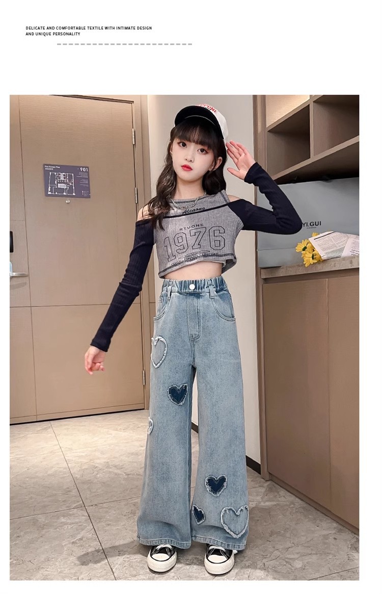 女童爱心贴布阔腿裤牛仔裤2025春秋款女大童直筒裤炸街潮韩版潮流详情13