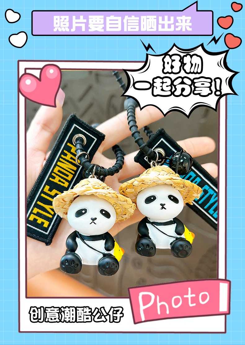 Wholesale of creative straw hat panda series keychains, exquisite and cute dolls, cartoon car schoolbags, pendants and small gifts pic 3