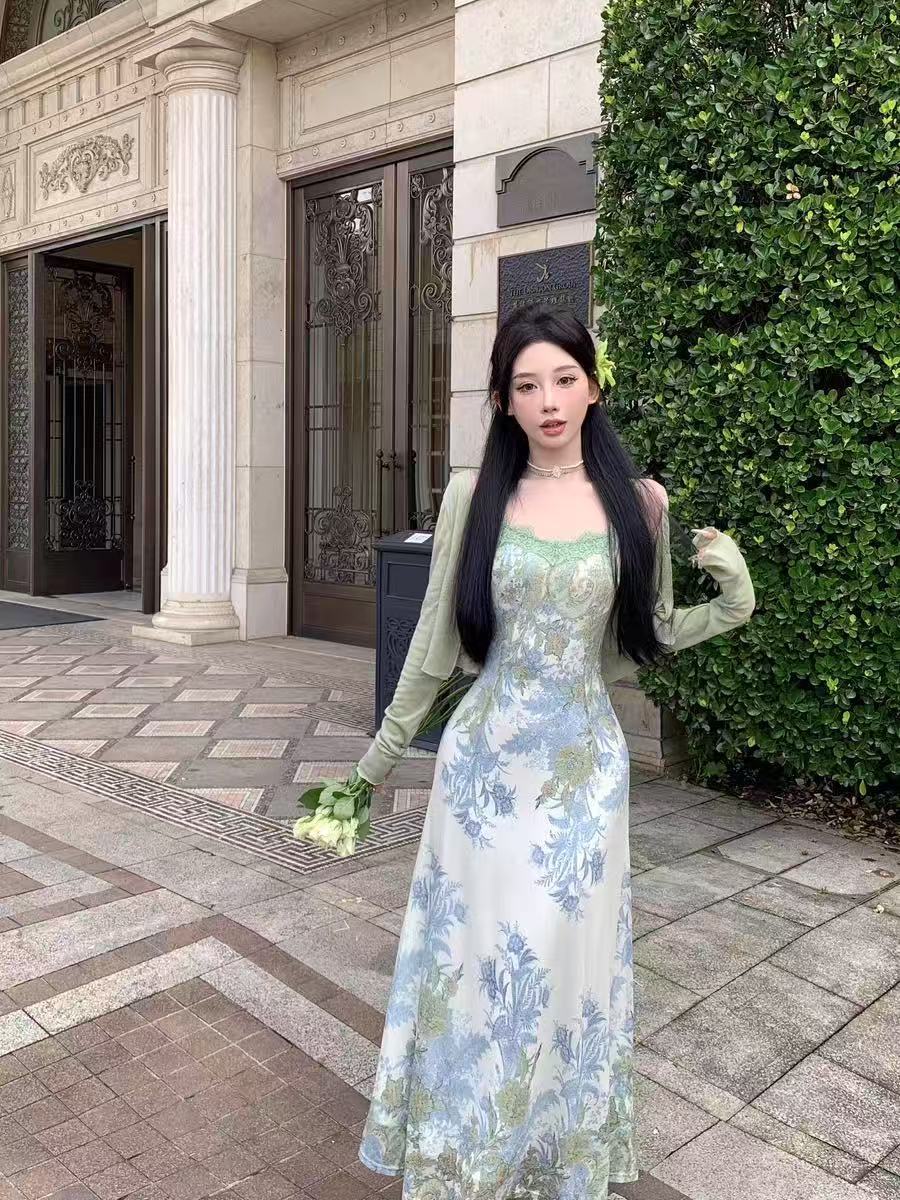 清冷感穿搭绿色长袖防晒开衫女夏季新款套装印花吊带连衣裙两件套详情7