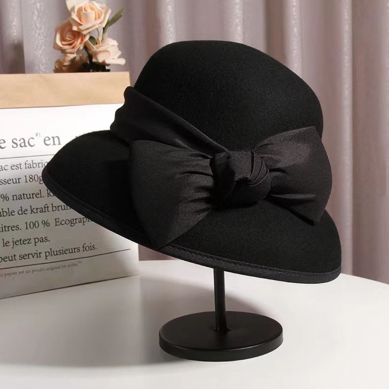 法式赫本风优雅蝴蝶结钟形盆帽渔夫帽英伦复古绵羊毛礼帽 WHZM08详情3