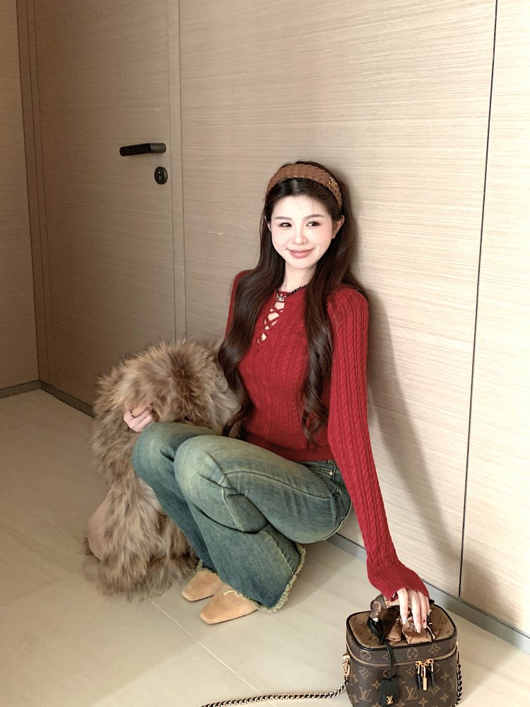白色圆领镂空针织衫女秋冬修身长袖麻花毛衣打底内搭辣妹紧身上衣详情13