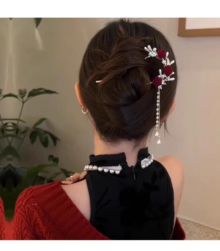 红色新年发簪新中式后脑勺盘发高级感簪子古风高级感步摇流苏发饰详情17