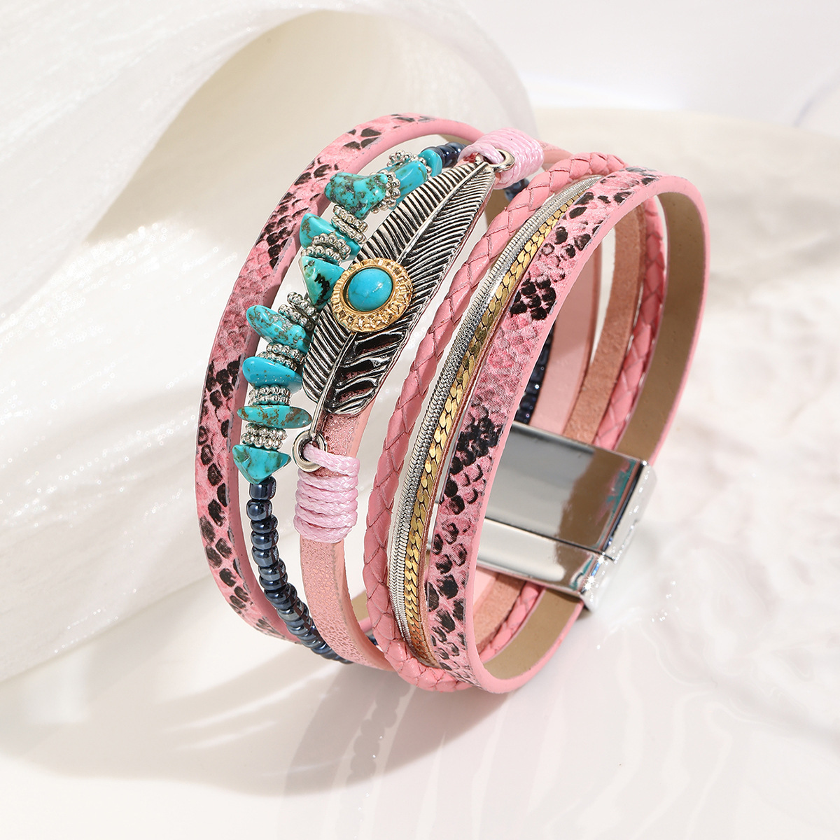 跨境翡翠波西米亚碎石羽毛手链复古绿松石磁铁扣手镯详情7