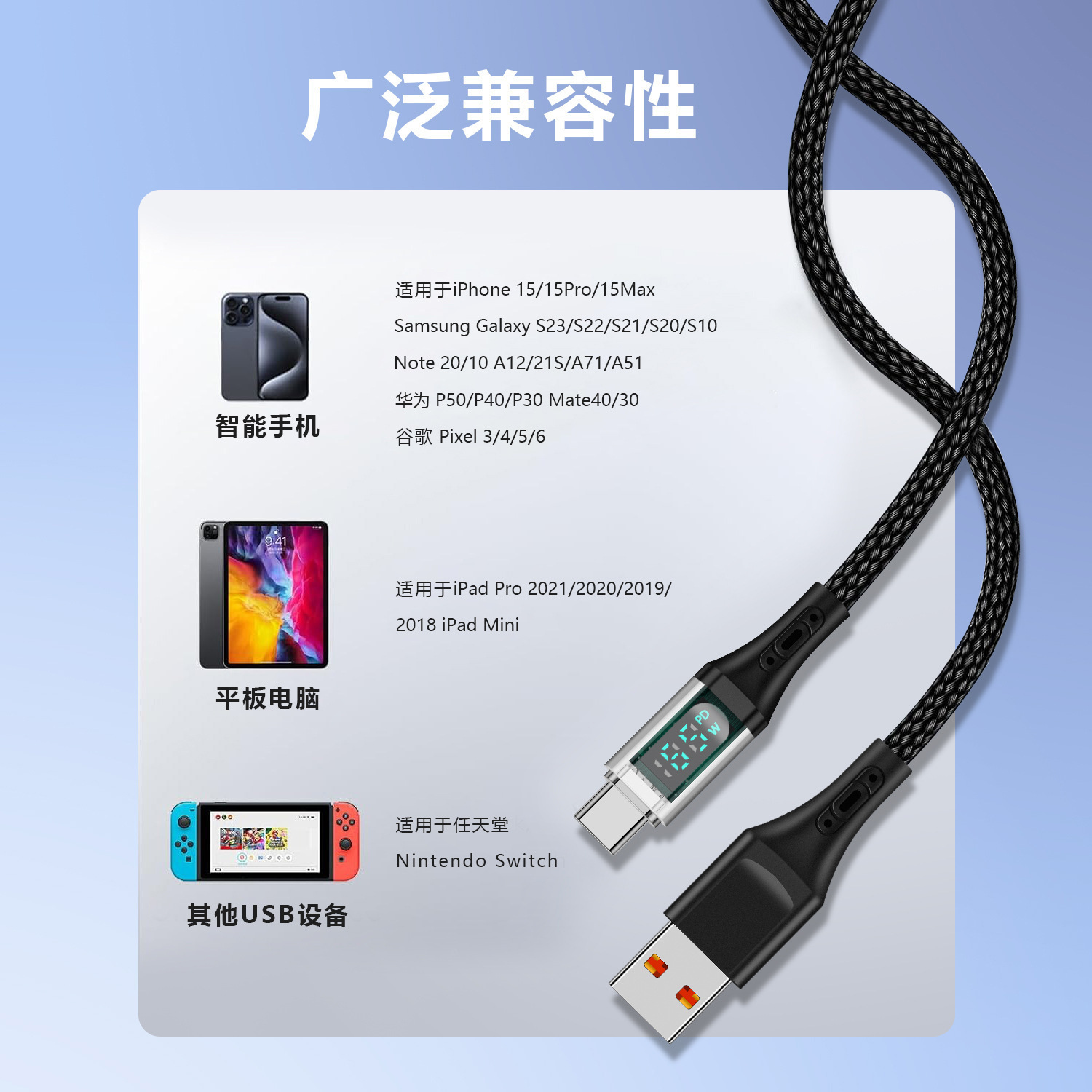 Cross-border el mismo modelo pantalla digital en tiempo real trenzado absorción magnética nano cable 100WTYPE-C totalmente compatible super rápido cable de datos pic 5