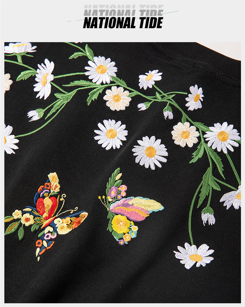 2025新款国潮短袖t恤 蝴蝶光变刺绣中国风圆领纯棉宽松重磅半袖详情8