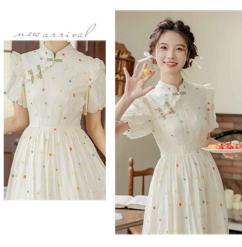 Improved cheongsam, new Chinese-style retro button-up, petite puffed-sleeve dress for women, summer long dress for export pic 22