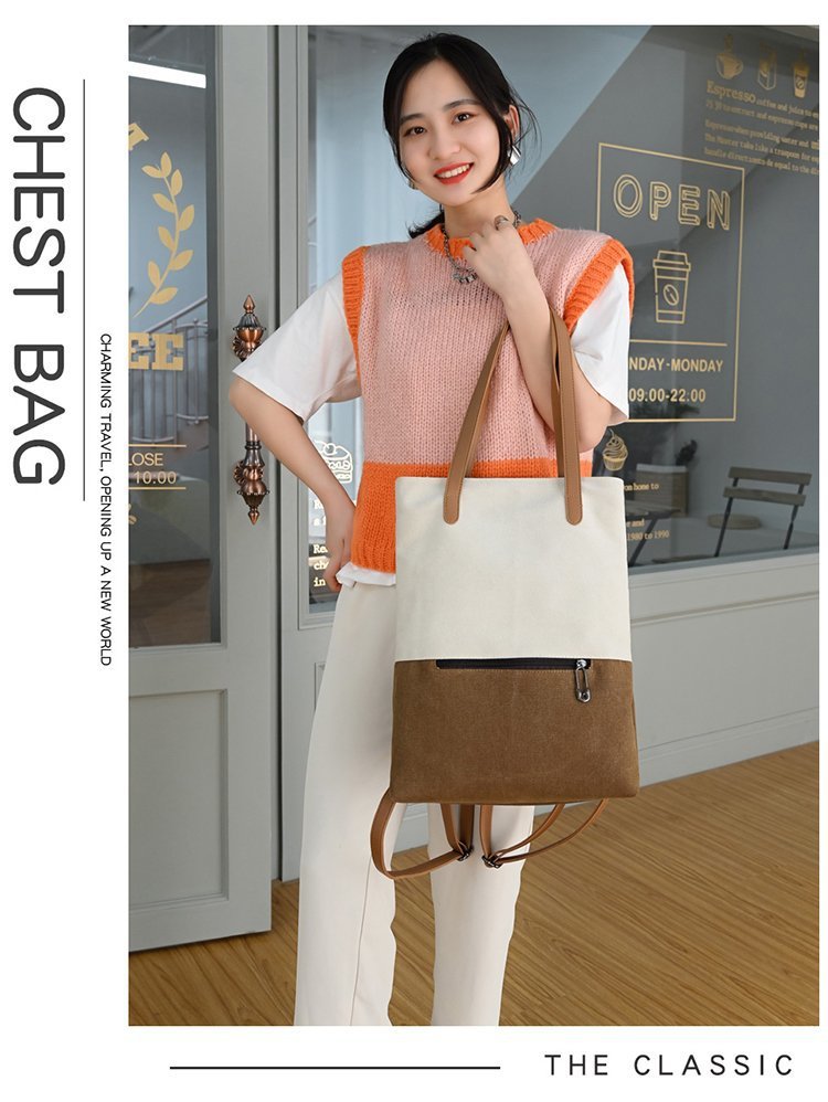 新款撞色复古帆布包简约女休闲包大容量单肩斜跨包时尚潮流手提包详情1