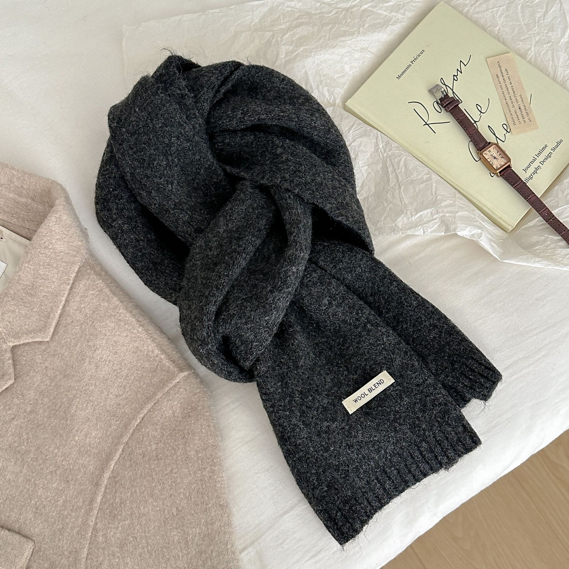 Solid-color wool blend scarf for women, autumn and winter, knitted woolen, warm, Korean-style, versatile, fashionable, fresh and sweet neck pic 30