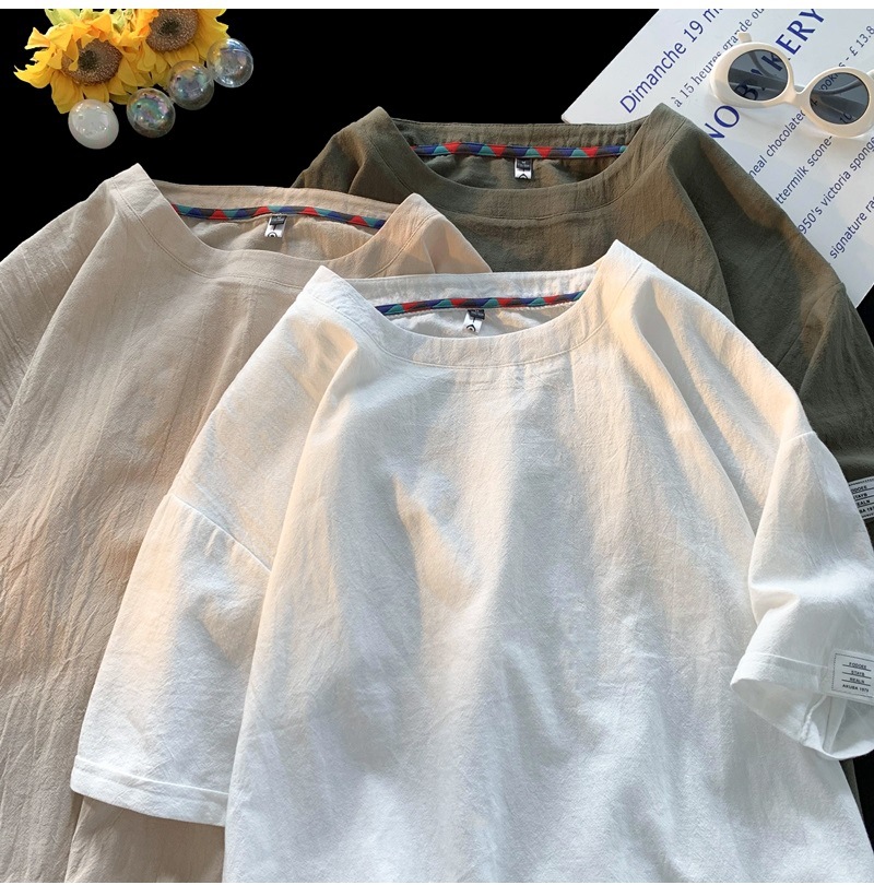 Linen short-sleeved T-shirt for men, a new summer trend. Cotton and linen half-sleeved loose solid color base layer, a trendy T-shirt top pic 10