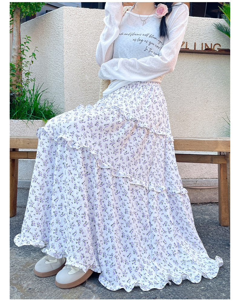 半身裙女春秋冬新款韩式复古蓝色碎花闲慵懒风长裙子高腰 a字裙休详情33
