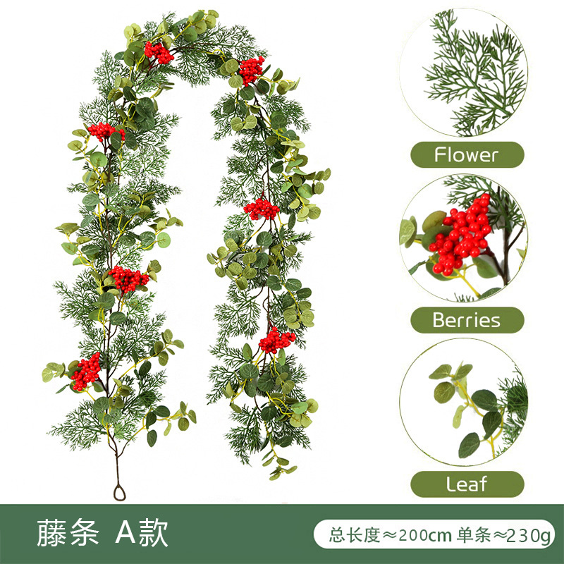 跨境气氛布置装饰藤条仿真绿植松针红果圣诞摆件家居装饰仿真藤条详情8
