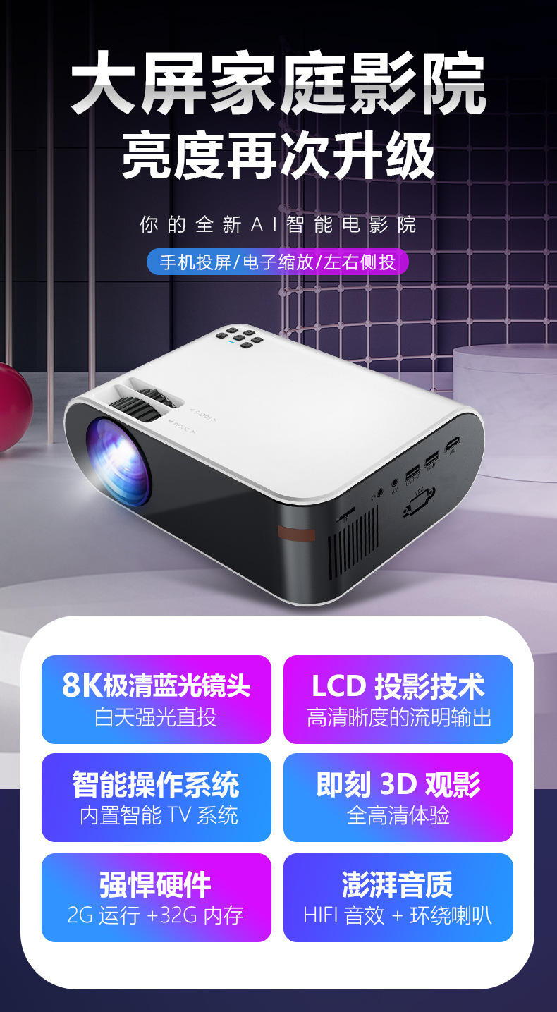 新款跨境W18家用办公高清720P手机WiFi无线同屏投影仪便携式投墙详情1