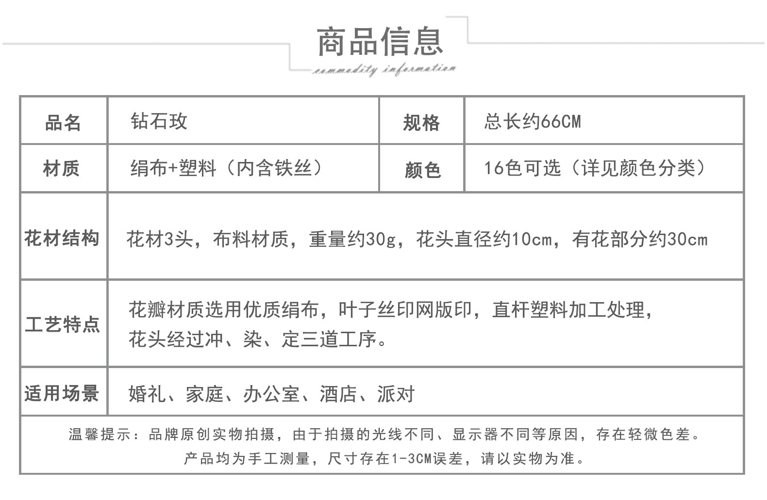 仿真钻石玫瑰假花人造花成品婚庆用花地排造景花高级感客厅插花束详情2