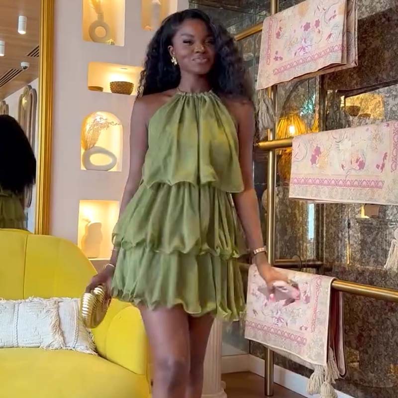 非洲气质甜美挂脖性感无袖连衣裙女欧美纯色女装蛋糕裙短裙新款夏详情13