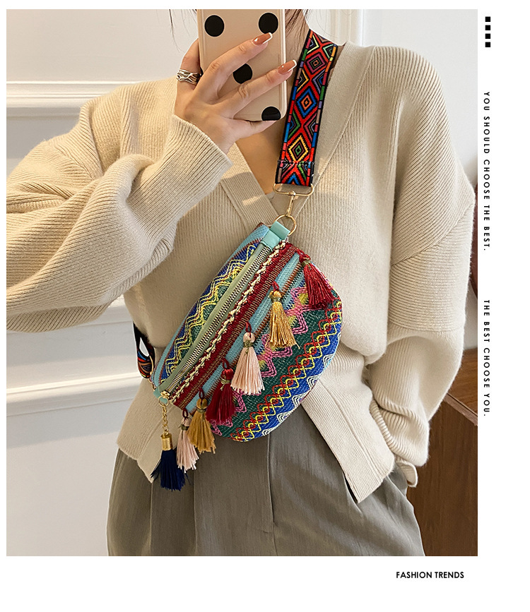 国潮民族风撞色流苏包包女新款编织个性复古彩带腰包斜挎详情1