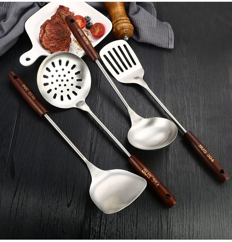 304 stainless steel spatula for household kitchen, thickened iron frying spatula, strainer, wooden handle, anti-scald kitchenware set pic 15