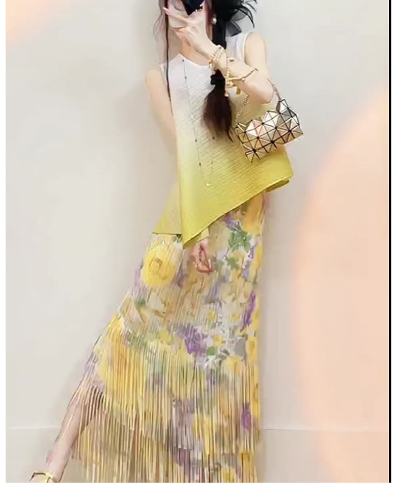 茶歇桔梗黄色一整套三宅夏季绝美渐变上衣重工流苏半身裙褶皱套装详情8