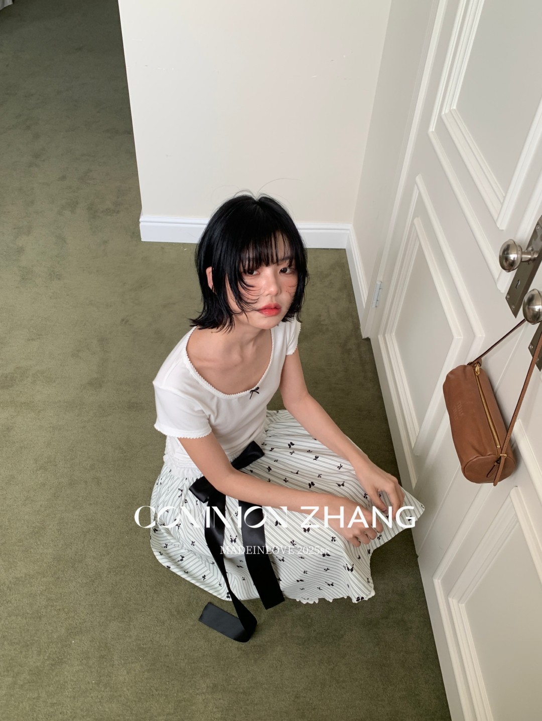 CZ ZHANG夏季韩版少女感减龄蝴蝶结拼接U领纯色天丝短袖T恤B20757详情23