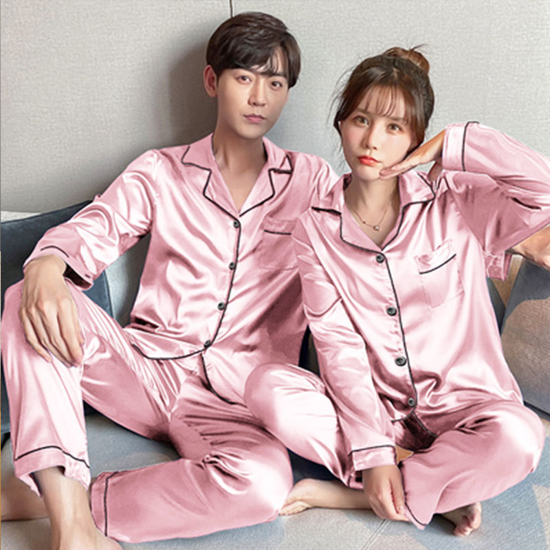 A wholesale set of short-sleeved couple pajamas for spring and autumn, featuring solid ice silk color faux silk for both men and women, can be worn as outerwear for home wear pic 29