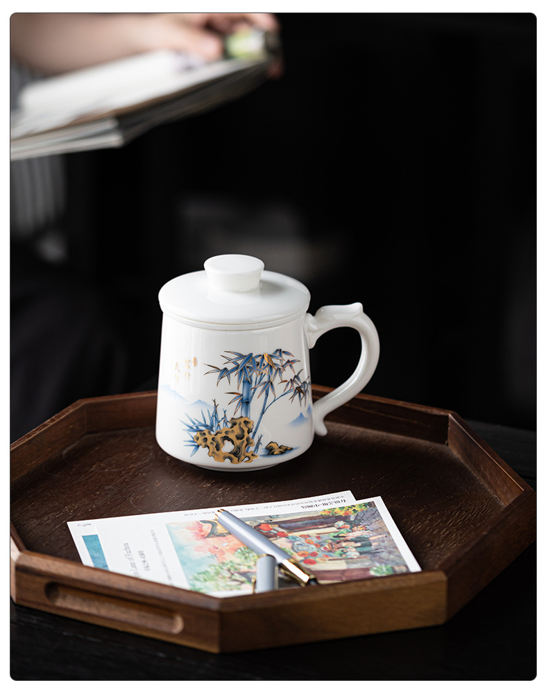羊脂玉办公杯书房茶杯茶水分离白瓷马克杯水杯大容量陶瓷杯子过滤详情5