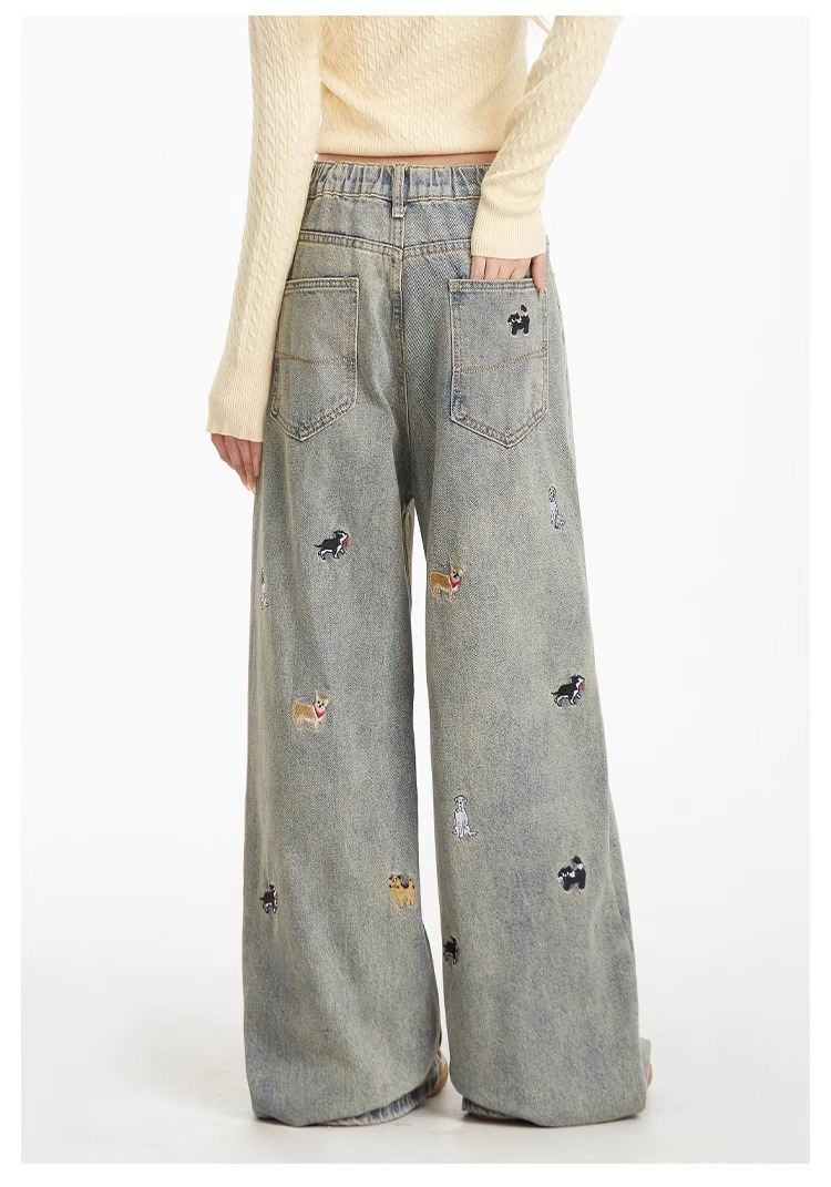 Light-colored high-waisted straight-leg jeans for women, 2025 new embroidered American retro washed wide-leg loose floor-length pants pic 10